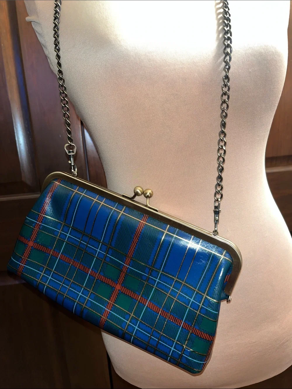 Patricia Nash Blue and Green Tartan Crossbody with Antique Coin Trim